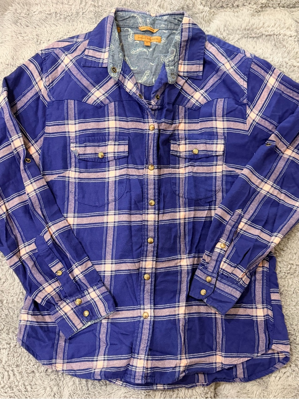 JACHS Girlfriend Purple and Pink Plaid Flannel Shirt Snap Buttons